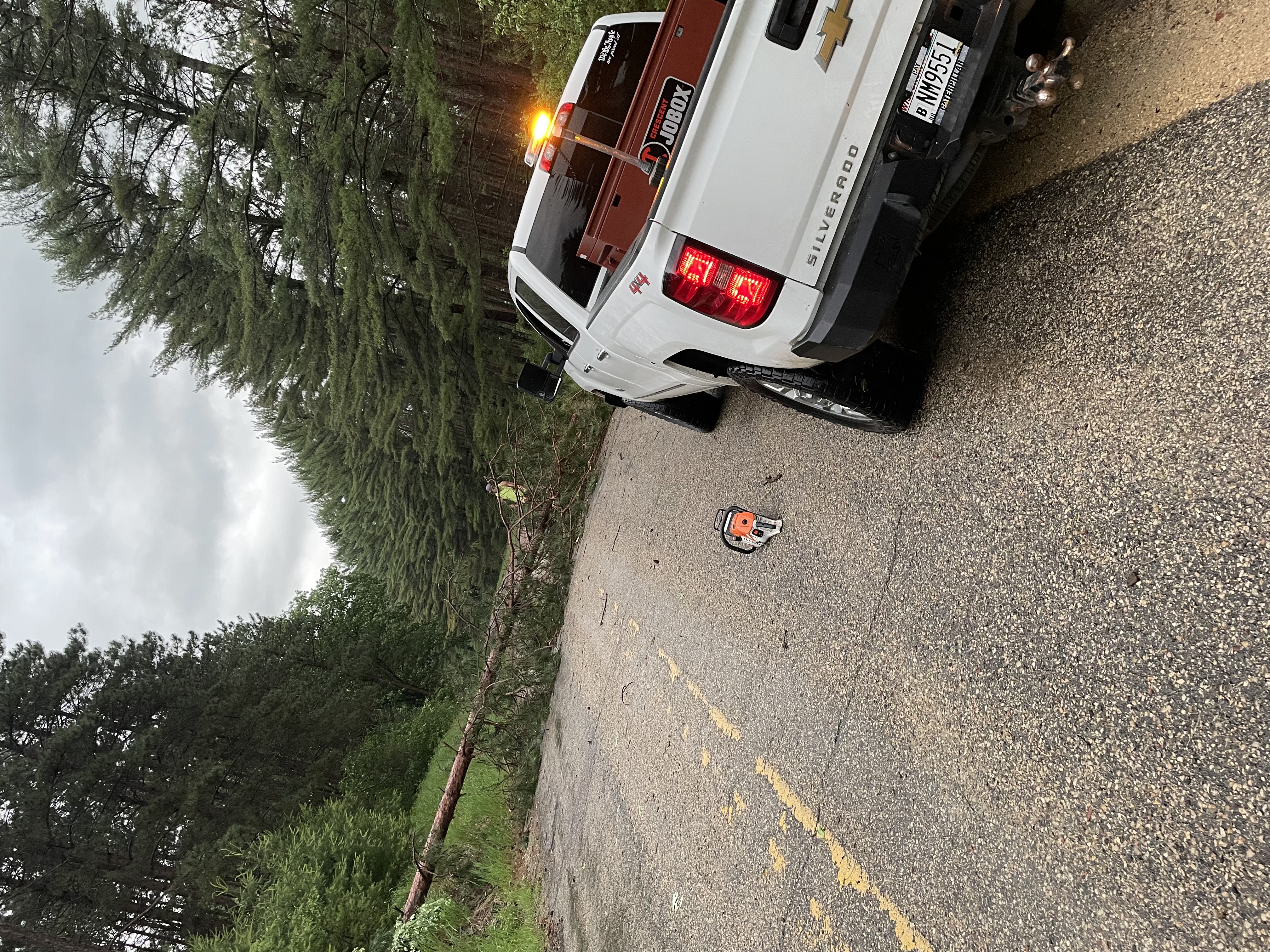 Storm cleanup near a pickup truck