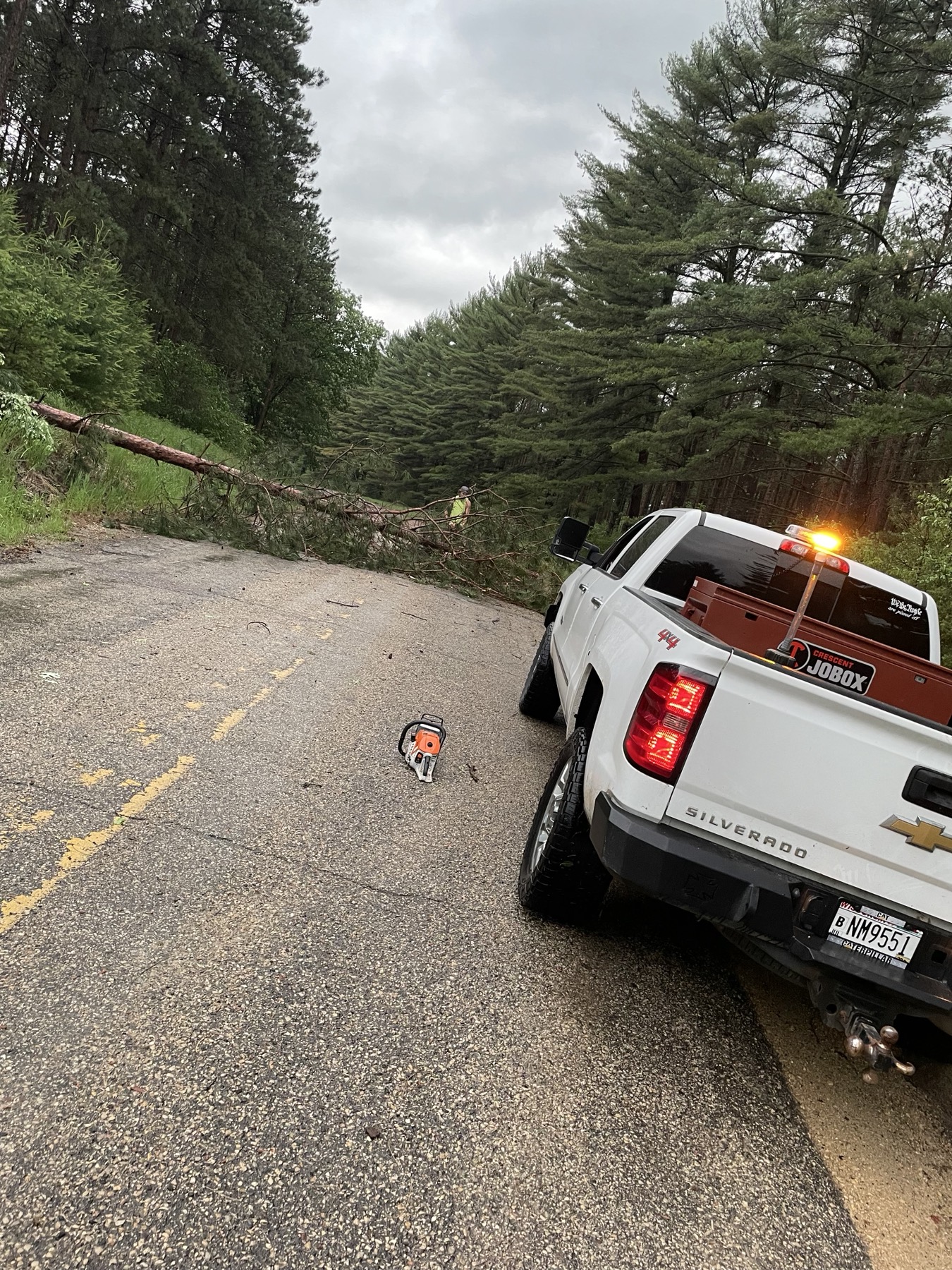Storm cleanup near a pickup truck